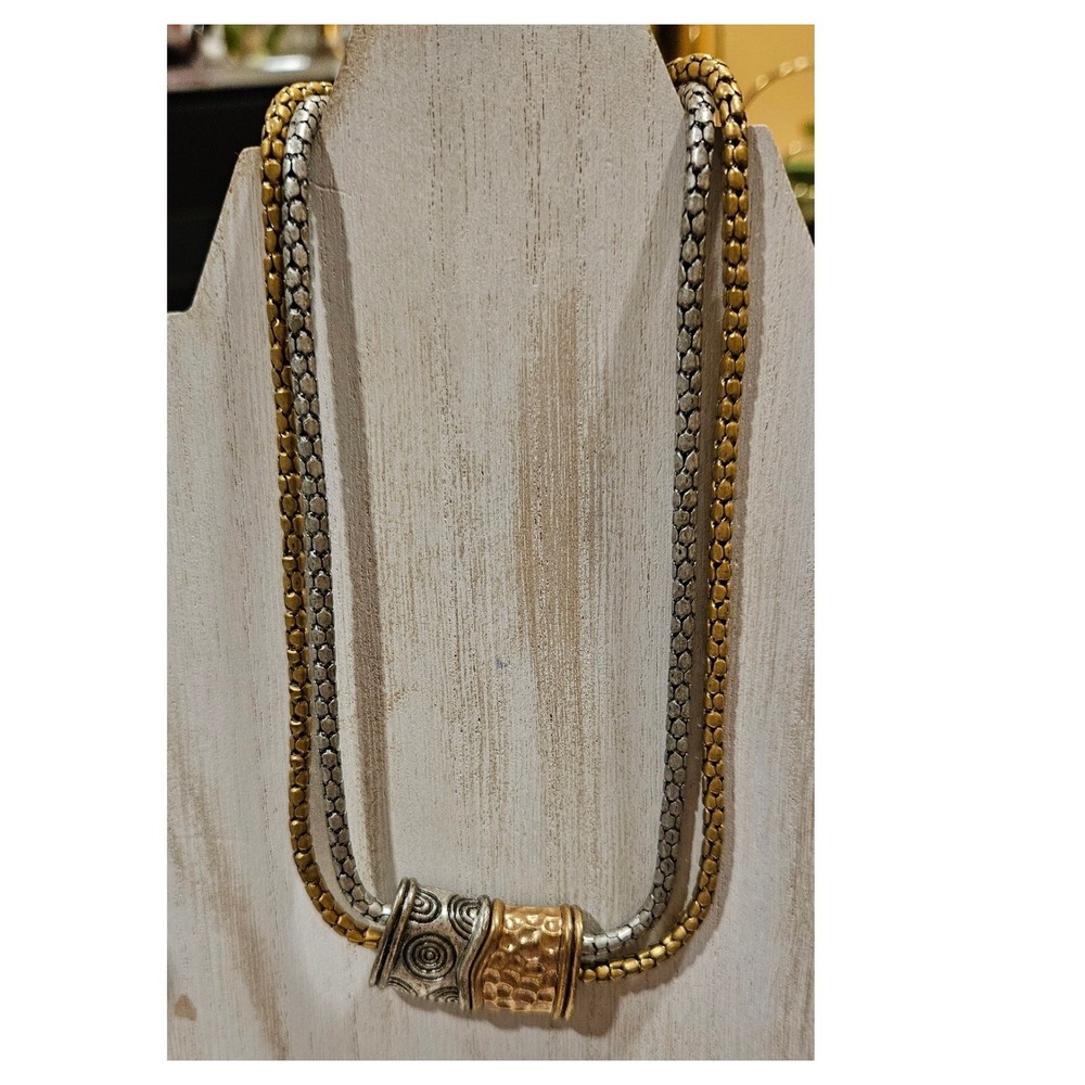 Chico's Two-Tone Mixed Metal Double Strand Necklace Hammered Spiral Slide